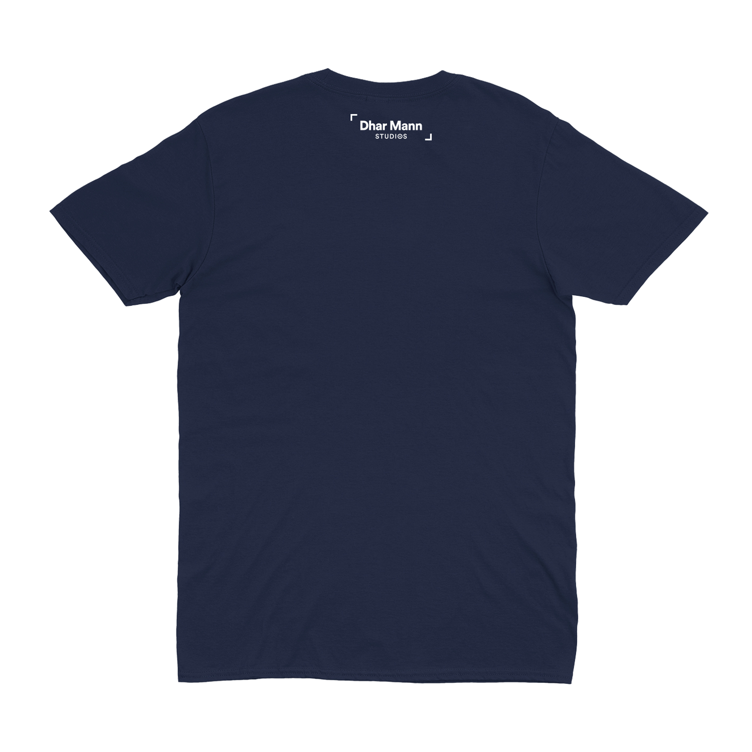 the back of the So You See New Classic Navy Tee, featuring a small tag below the collar with the Dhar Mann Studios logo