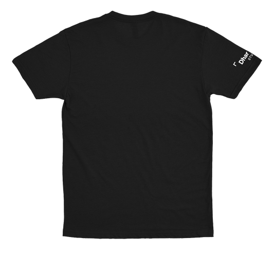 the back of the Holiday Shirt, blank except for the right sleeve, which features the printed label of the "Dhar Mann Studios" logo