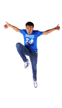 Load image into Gallery viewer, Shaun (Jay) leaps up for joy while wearing the Jay &amp; Mikey Bookside High T-shirt
