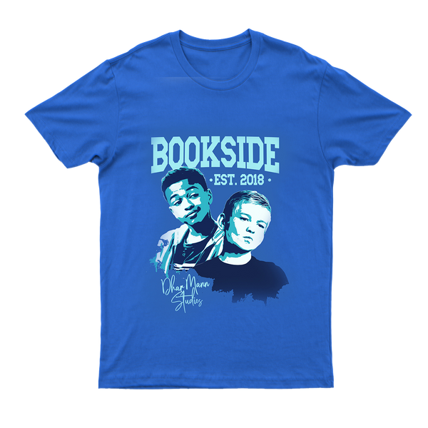 The front of the blue Jay & Mikey Bookside High Youth T-shirt with "BOOKSIDE HIGH EST. 2018" printed in turquoise and below, the stylized portraits of Jay and Mikey printed in white, turquoise, teal and navy. 
Includes "Dhar Mann Studios" in Dhar's own writing at the bottom