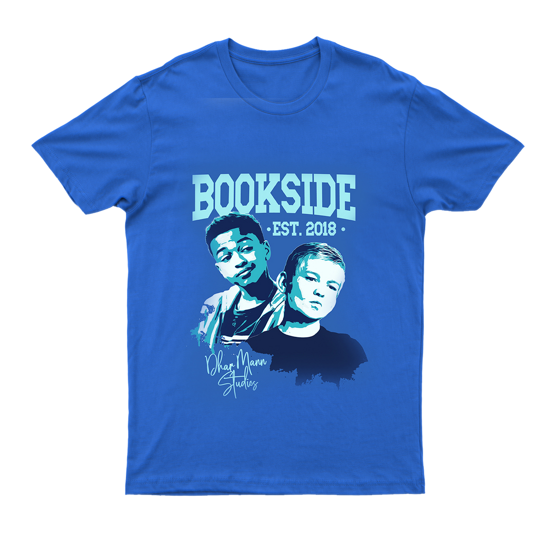 The front of the Bookside High Tshirt with stylized portraits of Jay and Mikey on the front